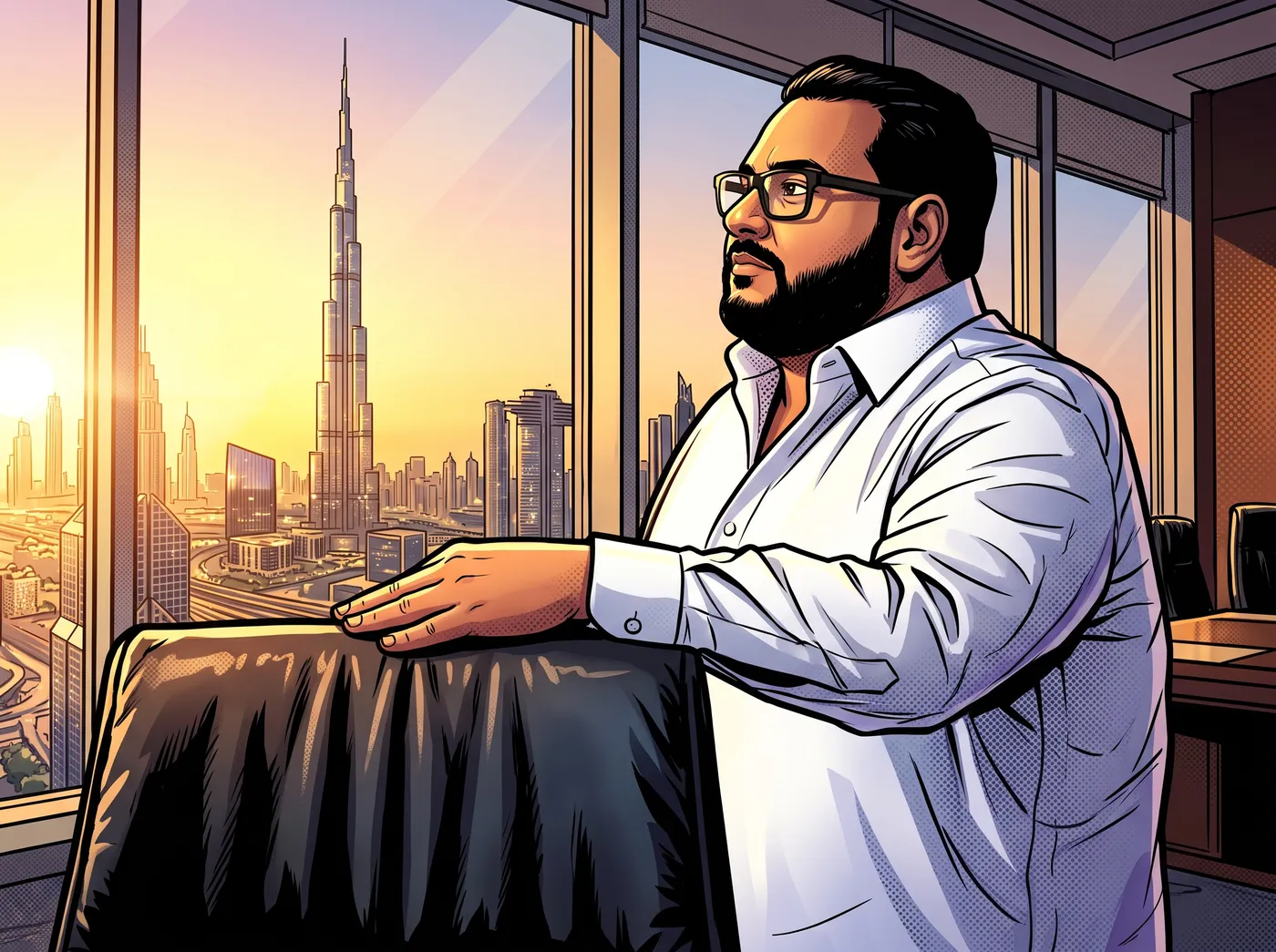 Babo in a white shirt in a Dubai boardroom, gazing at the skyline