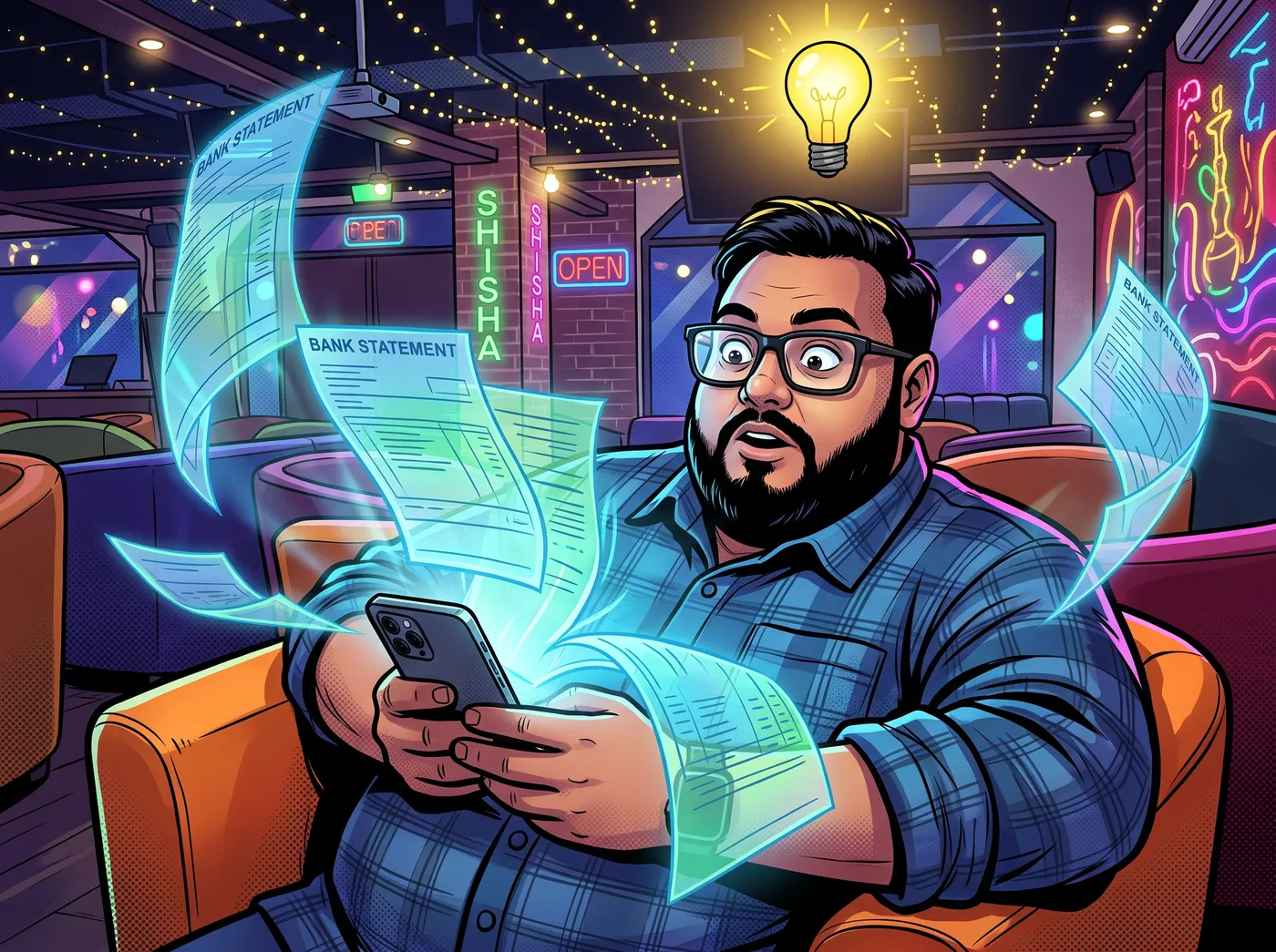 Babo in a lounge as glowing bank statements burst from his phone