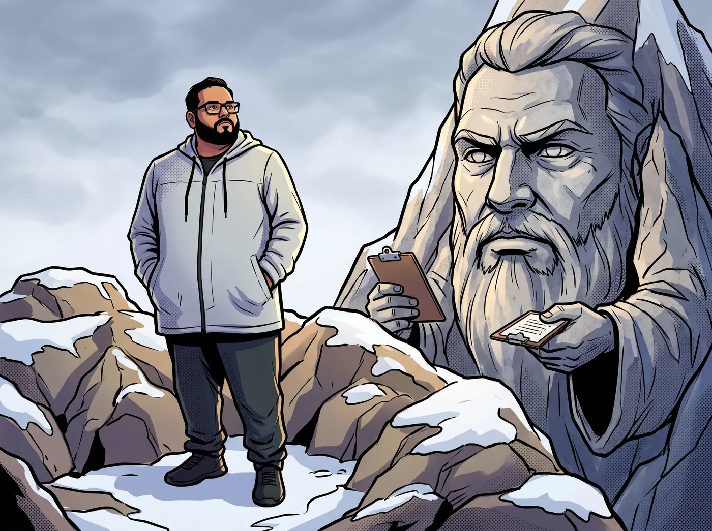 Babo on a snowy summit while a giant stone mountain face holds out a clipboard